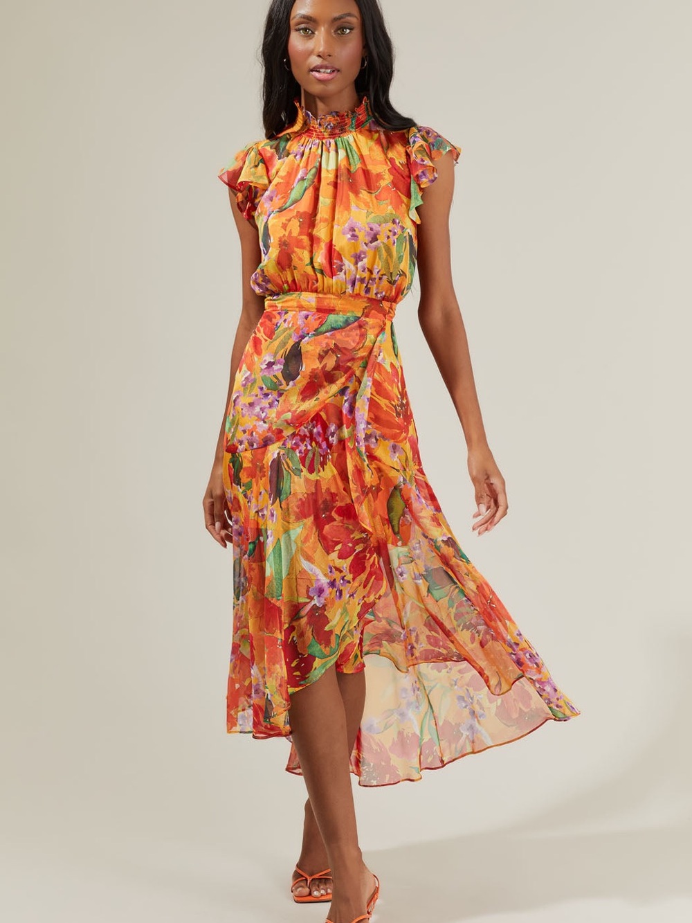 Delilah Floral Blouson Drape Tiered Midi Dress XL